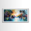 Tropical Sunset, Canvas Print, palm tree painting, coastal decor, wildflower painting, extra wide art, beach wall art