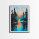 Sunset Reflection, pine tree art, landscape painting, teal wall art, Joshua tree art, framed canvas print, extra wide art
