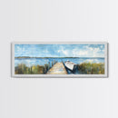 Lakeside Dock Framed Canvas Print Tranquil Waterfront Art Boat Painting Relaxing Cabin Decor Nautical Wall Art Rustic Living Room