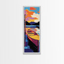 Sunset Boat, Vibrant Lake Art, Framed Canvas Print, Nautical Wall Decor, Colorful Water Reflection, Cabin Art, Living Room Art