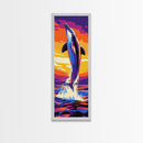 Dolphin Jump, Ocean Sunset Art, Framed Canvas Print, Vibrant Marine Life, Coastal Home Decor, Sea Animal Art, Beach House Wall Art