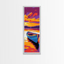 Wooden Boat, Sunset Reflection, Tranquil Lake, Water Art, Framed Canvas Print, Rustic Decor, Nautical Theme, Bedroom Wall Art