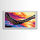 Hammock by Water, Sunset Serenity, Framed Canvas Print, Relaxing Boho Art, Coastal Home Decor, Tranquil Wall Scene, Warm Colors
