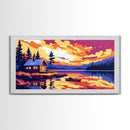 Cabin Lake, Sunset Reflection, Framed Canvas Print, Cozy Cottage Wall Art, Nature Landscape Painting, Fall Vibes, Living Room Art
