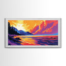 Lakeside Sunset, Vibrant Landscape Art, Warm Color Nature Scene, Bold Scenic Print, Framed Canvas Print, Living Room Wall Art