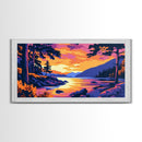 Serene Sunset, Forest Lake, Vibrant Nature, Framed Canvas Print, Cabin Wall Art, Cozy Home Decor, Woodland Landscape, Fall Room Art