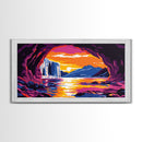 Sunset Waterfall, Cave Art, Nature Landscape, Rustic Home Decor, Wilderness Wall Art, Adventure Scene, Framed Canvas Print