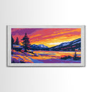 Snowy Sunset, Cabin Art, Winter Landscape, Cozy Lodge Decor, Scenic Mountain View, Rustic Living Room, Framed Canvas Print