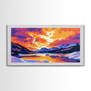 Frozen River, Mountain Sunset, Winter Landscape, Nature Wall Art, Cozy Home Aesthetic, Seasonal Framed Canvas Print