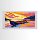 Canoe Sunset, Lake Reflection, Peaceful Nature Scene, Wilderness Wall Art, Tranquil Home Decor, Framed Canvas Print