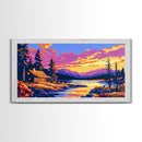 Log Cabin, River Sunset, Cozy Home Decor, Vibrant Nature Art, Framed Canvas Print, Rustic Wall Artwork, Mountain Scene