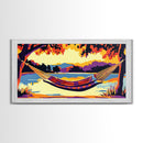 Hammock View, Relaxing Lake, Golden Sunset, Vibrant Home Decor, Framed Canvas Print, Boho Wall Art, Tranquil Nature Scene