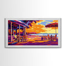 Beach Café, Vibrant Coastal Scene, Warm Color Wall Art, Sunset Patio Print, Boho Home Decor, Framed Canvas Print, Dining Room Wall Art