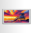 Lifeguard Tower, Beach Sunset, Coastal Landscape, Ocean Home Decor, Framed Canvas Print, Modern Wall Art, Vibrant Seaside Scene