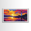 Seaside Lighthouse, Golden Sunset, Ocean Wall Art, Nautical Decor, Framed Canvas Print, Coastal Living Room Artwork, Vibrant Landscape