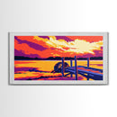 Dockside Sunset, Tranquil Lake Scene, Water Reflection Art, Nature Wall Decor, Framed Canvas Print, Rustic Home Artwork, Boho Style