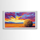 Haystack Field, Golden Sky, Rustic Farmhouse Art, Autumn Country Scene, Framed Canvas Print, Warm Home Decor, Vibrant Wall Artwork