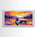 Loon on Lake, Nature Wildlife Art, Tranquil Sunset Scene, Serene Wall Decor, Framed Canvas Print, Cozy Cabin Artwork, Outdoor Theme