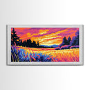 Meadow Sunset, Vibrant Landscape, Nature Wall Art, Rustic Farmhouse Decor, Framed Canvas Print, Warm Home Artwork, Countryside Scene