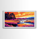 Marshland Sunset, Tranquil Water Scene, Vibrant Nature Art, Rustic Landscape Decor, Framed Canvas Print, Cabin Wall Artwork, Serene Style