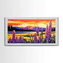 Mountain Meadow, Lupine Flowers, Vibrant Sunset, Framed Canvas Print, Colorful Landscape Art, Nature Wall Decor, Boho Home Art