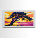 Windswept Tree, Sunset Lake, Coastal Tranquility, Framed Canvas Print, Modern Nature Wall Art, Earthy Boho Decor, Vibrant Landscape
