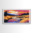 Flowing Stream, Sunset Glow, Nature Wall Art, Vibrant Scenery, Framed Canvas Print, Outdoor Enthusiast Gift, Relaxing Home Decor