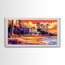 Grand Manor, Lakeside House, Fall Landscape, Country Home Art, Rustic Farmhouse, Autumn Painting, Nature Scene, Framed Canvas Print