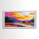 Serene River, Colorful Mountain Scene, Nature Wall Art, Framed Canvas Print, Relaxing Art, Bedroom Wall Decor, Sunset Painting
