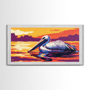Pelican, Water Reflection, Framed Canvas Print, Coastal Wildlife Wall Art, Beach House Decor, Vibrant Animal Painting, Nature Art