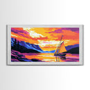 Sailboat at Sunset, Tranquil Waters, Mountain Lake, Canvas Print, Nautical Decor, Ocean Wall Art, Living Room Painting, Vibrant Colors