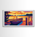 Wooden Boat, Serene Water Landscape, Calm Lake Scene, Vibrant Sunset Art, Framed Canvas Print, Living Room Wall Decor, Rustic Home Style