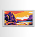 Rocky Shore, Ocean Sunset, Coastal View, Vibrant Painting, Bold Colors, Seascape Art, Beach House, Framed Canvas Print