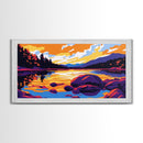 Mountain Lake, Tranquil Waters, Serene Landscape, Colorful Sky, Nature Wall Art, Office Space, Rustic Style, Canvas Print