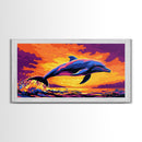 Dolphin Jumping, Ocean Wildlife Art, Vibrant Marine Scene, Playful Sea Life Painting, Framed Canvas Print, Beach House Decor, Nautical Art