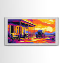 Western Porch, Sunset, Cowboy, Framed Canvas Print, Rustic Wall Art, Old West Scene, Country Home Decor, Warm Tones, Living Room Art