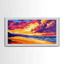 Beach, Ocean, Sunset, Framed Canvas Print, Coastal Wall Art, Seascape Painting, Vibrant Beach Scene, Relaxing Decor, Bedroom Art