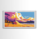 Sand Dunes, Ocean, Clouds, Framed Canvas Print, Beach Landscape, Coastal Wall Art, Tranquil Scene, Vibrant Colors, Relaxing Home Decor