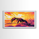 Crab Beach, Fiery Sunset, Ocean Wildlife, Marine Art, Framed Canvas Print, Bathroom Wall Art, Coastal Aesthetic, Vibrant Home Decor