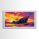 Shipwreck Sunset, Seascape Nautical, Framed Canvas Print, Vibrant Ocean Wall Art, Beach House Art, Nautical Art, Living Room Wall Art