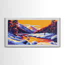 Snowy Mountains, River Sunset, Framed Canvas Print, Winter Landscape Art, Alpine Lodge Decor, Colorful Nature Art, Office Wall Art