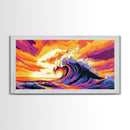 Giant Rolling Wave, Colorful Ocean Art, Surfing Seascape Print, Bold Sunset Water Painting, Beach House Wall Decor, Framed Canvas Print