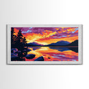 Tropical Beach Scene, Surfboard Sunset Art, Vibrant Coastal Print, Bold Colorful Painting, Relaxing Seaside Home Decor, Framed Canvas Print