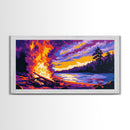 Bonfire Night, Lakefront Fire Scene, Autumn Evening Glow, Vibrant Outdoor Art, Framed Canvas Print, Man Cave Wall Decor, Cozy Home Design