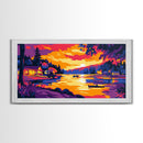 Cabin Sunset, Cozy Lakeside Scene, Peaceful Evening Retreat, Vibrant Nature Art, Framed Canvas Print, Bedroom Wall Decor, Rustic Home Style