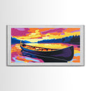 Canoe on Lake, Serene Water Reflection, Vibrant Sunset Art, Nature Scene, Framed Canvas Print, Living Room Decor, Cabin Wall Artwork