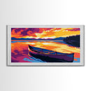 Canoe Sunset Lake, Reflection, Nature, Framed Canvas Print, Wall Art, Vibrant Landscape, Cabin Decor, Rustic Home, Outdoor Adventure