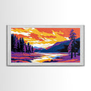 Forest, River, Sunset Sky, Vibrant Nature Scene, Framed Canvas Print, Wall Art, Cabin Home, Cozy Retreat, Outdoor Lovers, Rustic Aesthetic