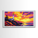 Lighthouse, Coastal Sunset, Ocean View, Nautical Wall Art, Framed Canvas Print, Beach House Decor, Seaside Painting, Vibrant Art
