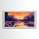 Mountain Reflection, Serene Lake, Warm Sunset, Framed Canvas Print, Bedroom Wall Art, Fall Colors, Nature Scene, Vibrant Home Decor